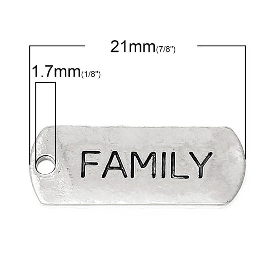 P329A - 30 pcs. Antique Silver "Family" Rectangle Charms Pendants - 21mm X 8mm