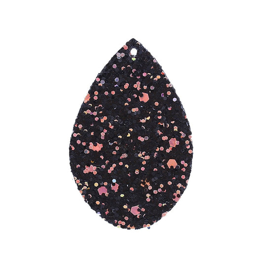 P726 - 10 pcs. Black Multicolor Glitter Faux Leather Dangle Charms Pendants - Teardrop - 55mm (2.17") - Great for Light Earrings and Dangles