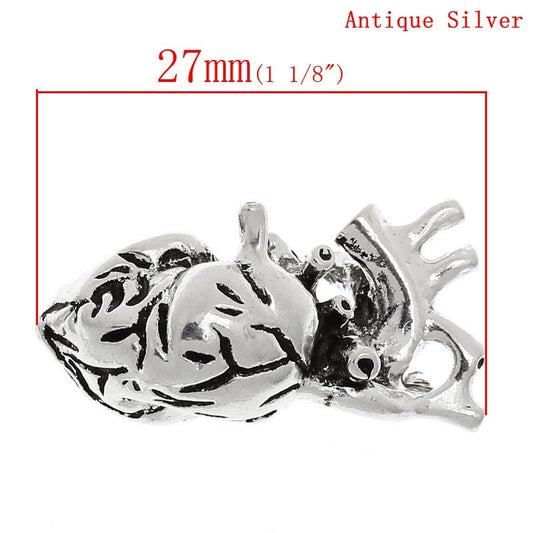 P203A - 2pcs. Antique Silver Anatomical Organ Human Heart Medical Charms Pendants - 27mm X 13mm