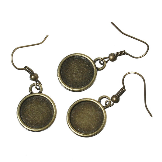 E596 - 10 pcs. Antique Bronze Earring Dangle Hooks Settings Bezels Cabochons - 10mm Glue Pad Setting