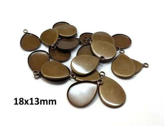 P1159 - 10 pcs. Antique Bronze Teardrop Bezel Cabochon Pendant Tags Trays - 18mm x 13mm Glue Pad - Setting - 13x18mm - 18x13mm