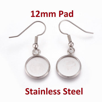 E548 - 10 pcs. 304 Stainless Steel Silver Tone Earring Dangle Hooks Settings Bezels Cabochons - 12mm Glue Pad Setting