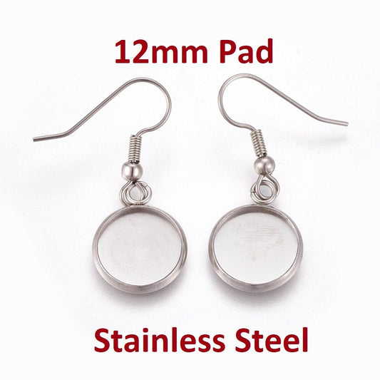 E548 - 10 pcs. 304 Stainless Steel Silver Tone Earring Dangle Hooks Settings Bezels Cabochons - 12mm Glue Pad Setting