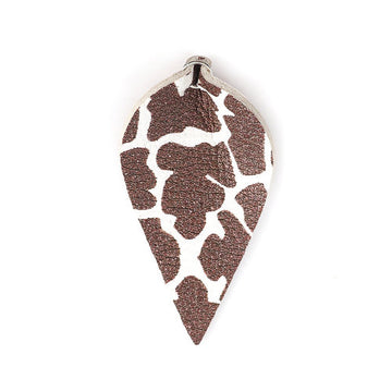 P235 - 10 pcs. Cow Faux Leather Dangle Charms Pendants - Pinch Leaf - White Brown - Silver Tone Jump Ring - 62mm (2.5") - Double Sided
