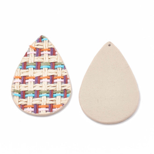 P246 - 10 pcs. Multicolor Faux Leather Dangle Charms Pendants - Teardrop Embroidered Weave - 56mm (2.2") - Great for Earrings or Dangles!