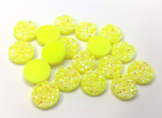 CA681 - 10 pcs Druzy Resin Embellishment Cabochons Neon Yellow Multicolor - 12mm Diameter - Circle - 3.6mm Thick