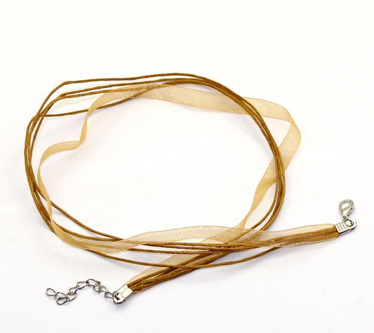 N192 - 15 pcs. Khaki Cream Beige Organza Ribbon Waxen Cord Necklaces with Lobster Clasp - 17 inch (43 cm) - Claw Clasp