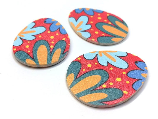 P2068 - 6 pcs. Red Faux Leather Dangle Charms Pendants - Egg Teardrop - Easter - 51mm (2") - Double-Sided - Flowers