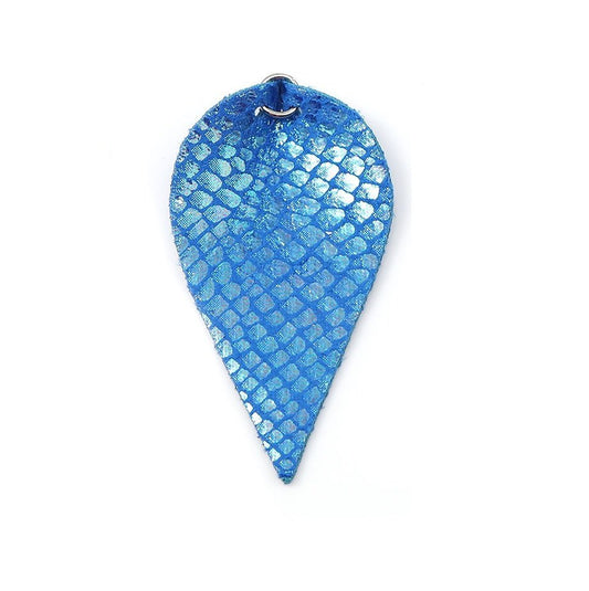 P270 - 10 pcs. Scales Faux Leather Dangle Charms Pendants - Pinch Leaf - Blue - Silver Tone Jump Ring - 63mm (2.5") - Double Sided