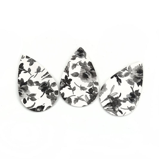 P1068 - 10 pcs. White and Gray Floral Faux Leather Dangle Charms Pendants - Teardrop - 56mm (2.2") - Double Sided - Great for Earrings, Necklaces or Dangles!