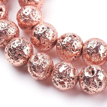 BD483 - 8mm Electroplated Natural Stone Lava Round Beads - Rose Gold Plated - 15.35" strand - Hole Size: 1mm - Approx. 46 pieces per strand