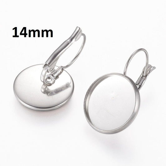 E158 - 10 pcs. 304 Stainless Steel Earring Clips Settings Lever Back Bezels Cabochons - 14mm Glue Pad Setting