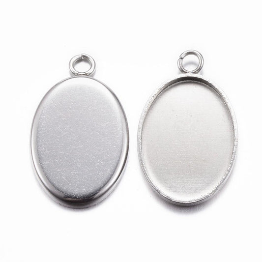 P2016 - 10 pcs. 304 Stainless Steel Oval Bezel Cabochon Pendant Tags Trays - 14mm x 10mm Glue Pad - Setting - Silver Tone - Tarnish Resistant!