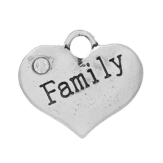 P043 - 10 pcs. Antique Silver "Family" charm with rhinestone - 17mm X 14mm