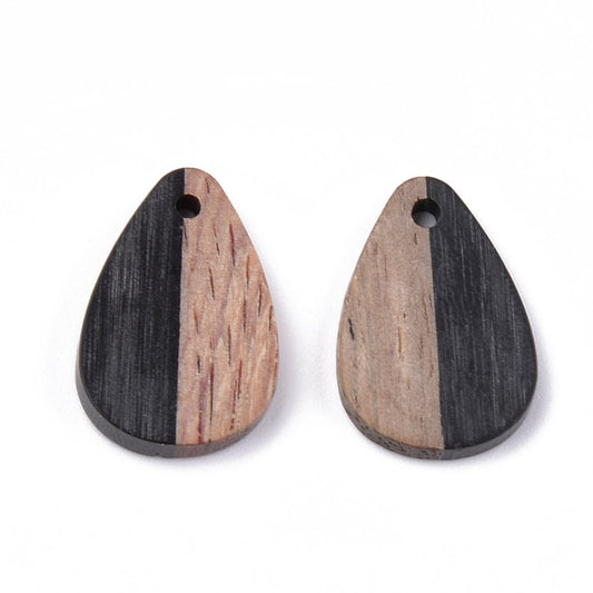 P2023 - 4 pcs. Black Resin and Wood Teardrop Flat Pendant - 22mm x 15mm - (0.9" x 0.6") - SMALL - Great for Earrings and Necklaces!