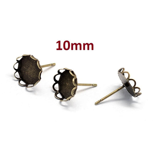 E389 - 30 pcs. Antique Bronze Earring Posts Studs Settings Bezels Cabochons Tacks - 10mm Glue Pad Setting - Crown Scalloped Edge
