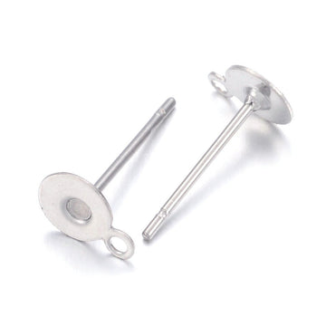 E787 - 100 pcs. (50 pairs) 304 Stainless Steel Earring Posts/Bases/Studs/Settings with loop - 5mm Pad - 7mm with Loop - 12mm length - with Backs!
