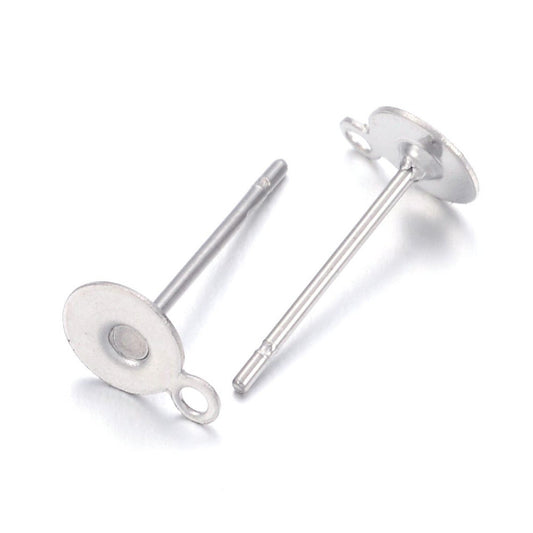 E787 - 100 pcs. (50 pairs) 304 Stainless Steel Earring Posts/Bases/Studs/Settings with loop - 5mm Pad - 7mm with Loop - 12mm length - with Backs!