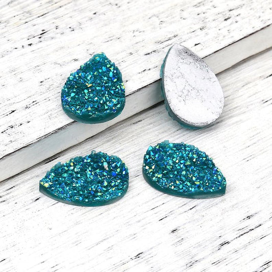 CA913 - 10 pcs Drusy Druzy Resin Embellishment Teardrop Cabochons - Aqua Blue Green AB - 25x18mm - 25mm x 18mm - 18x25mm - Tear Drop - Thick: 4.5mm