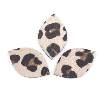 P2042 - 10 pcs. Beige Leopard Faux Fur Leather Dangle Charms Pendants - Leaf - 43mm (1.7") - Great for Light Earrings or Dangles! Black Back