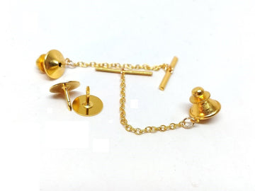 TC041 - 1 Set - Gold Tone Tie Tack (Spring Loaded Clutch and Chain) - 20mm Bar - 50mm Chain - 11mm Clutch