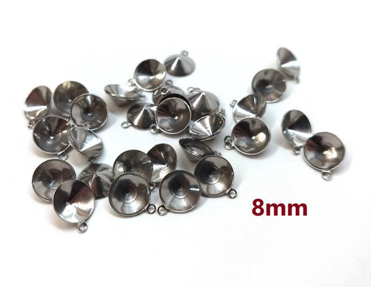 P1153 - 10 pcs. 304 Stainless Steel Silver Tone Circle Round Bezel Cabochon Pendant Tags Trays - 8mm Glue Pad - Single Loop - Pointed Back