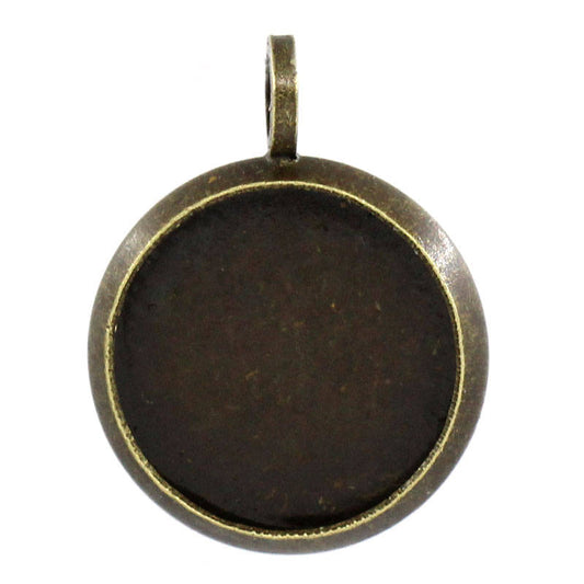 P672 - 10 pcs. Antique Bronze Circle Round Bezel Cabochon Pendant Tags Trays - 10mm Glue Pad - Hole Size: 2.3mm