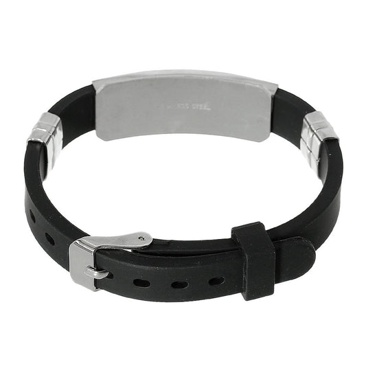 B089 - 1pc. Black Smooth Silicone Bracelet with 304 Stainless Steel Silver Tone Rectangle Stamping Blank - 8 7/8 in (22.7 cm)