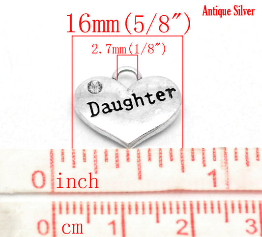 P065 - 10 pcs. Antique Silver "Daughter" charm with rhinestone - 17mm X 14mm