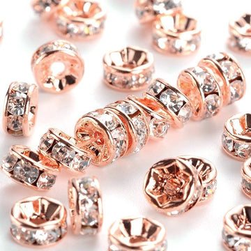 BD182 - 20 pcs Rose Gold Plated Clear Rhinestone Rondelle Spacer Beads - 6mm x 3mm - Grade AAA - Hole Size: 1mm - Straight Edge