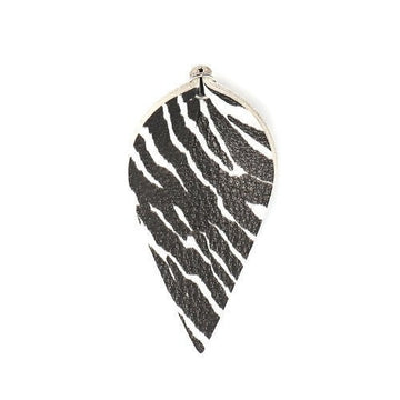 P898 - 10 pcs. Zebra Faux Leather Dangle Charms Pendants - Pinch Leaf - White Black - Silver Tone Jump Ring - 62mm (2.5") - Double Sided
