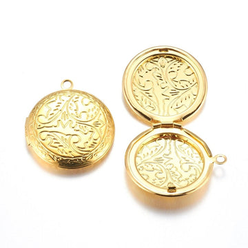 P745 - 2 pcs. Golden Carved Round Pendant Photo Picture Locket Box - 33.5mm Diameter (1.32 inch) - Space for 2 pictures - Fits 20mm Tiles Cabochons
