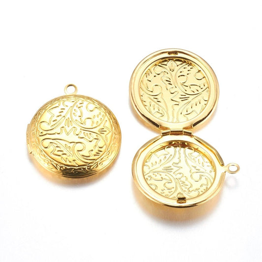 P745 - 2 pcs. Golden Carved Round Pendant Photo Picture Locket Box - 33.5mm Diameter (1.32 inch) - Space for 2 pictures - Fits 20mm Tiles Cabochons