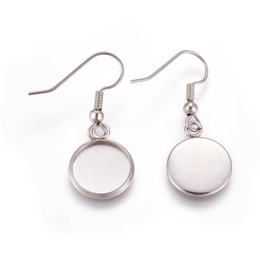 E548 - 10 pcs. 304 Stainless Steel Silver Tone Earring Dangle Hooks Settings Bezels Cabochons - 12mm Glue Pad Setting