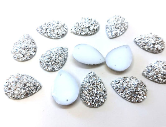 CA671 - 10 pcs Drusy Druzy Resin Embellishment Teardrop Dome Cabochons - Silver - 25x18mm - 25mm x 18mm - 18x25mm - Sew On - 2 Holes