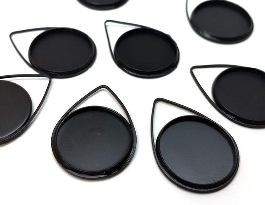 P771 - 10 pcs. Black Pendant Circle Posts Settings Bezels Tray Cabochons - 20mm Glue Pad Setting (Cameo Setting Diameter) - Teardrop