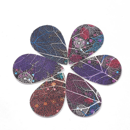 P247 - 10 pcs Assortment of Nature Leaf Multicolor Faux Leather Dangle Charms Pendants - Teardrop - 55mm (2.17") - Great for Earrings! Double Sided