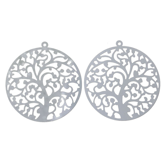 P1014 - 10 pcs. 304 stainless Steel Silver Tone Circle Metal Pendants Dangle Charms - Tree - 43mm x 40mm (1.7" x 1.6") - Great for Earrings!