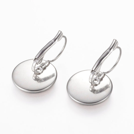 E158 - 10 pcs. 304 Stainless Steel Earring Clips Settings Lever Back Bezels Cabochons - 14mm Glue Pad Setting