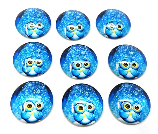 CA1006 - 5 pcs Circle Owl Glass Round Dome Seals Tiles Cabochons - 25mm (1 inch) - Blue