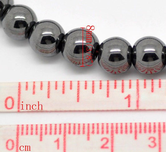 BD062 - 50 pcs. - 8mm Black Synthetic Hematite Round Beads - 15.75 inch strand - 1mm Hole Size