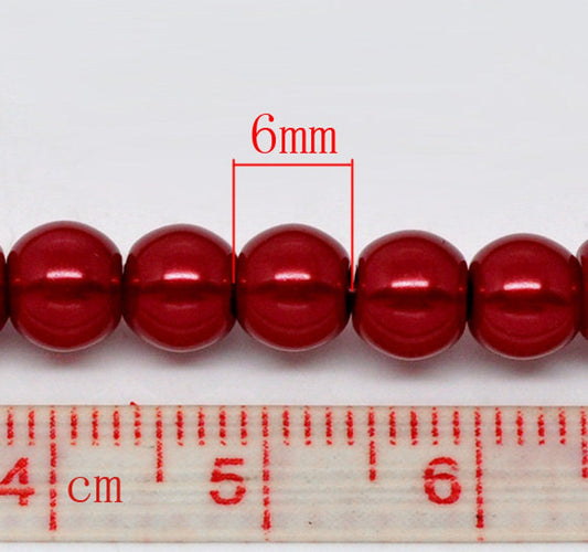 BD787 - 6mm Red Glass Pearl Imitation Round Beads - 32 inch strand - Hole Size: 1mm - Approx. 120 pcs.