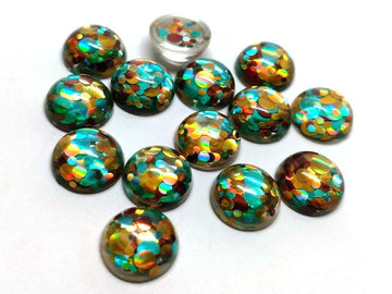 RC0021 - 10 pcs Druzy Resin Embellishment Cabochons - 12mm - Glitter Style - Teal, Gold and Brown
