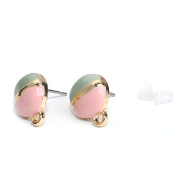 E505 - 10 pcs. Gold Plated Round Earring Posts Studs with Loop Cabochons Tacks - Pink Green Enamel - 10mm Diameter - Hole Size: 1.8mm