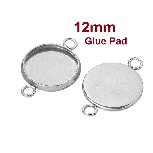P936 - 20 pcs. Stainless Steel Circle Round Bezel Cabochon Cameo Connector Tags Trays - 12mm Glue Pad - Hypoallergenic! Tarnish Resistant