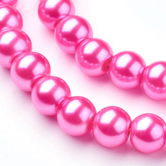 BD097 - 8mm Hot Pink Glass Pearl Imitation Round Beads - 32 inch strand