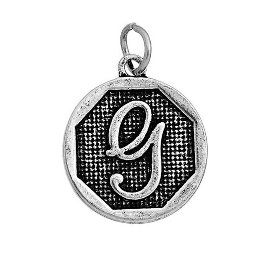 P124 - 4 pcs. Antique Silver LARGE Letter "G" Alphabet Letter Charm Pendant - 23mm x 20mm - Stamped Design