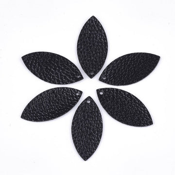 P2032 - 10 pcs. Black Faux Leather Dangle Charms Pendants - Marquise - 40mm (1.6") - Great for Light Earrings or Dangles! Black Fabric Back
