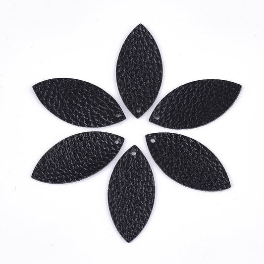 P2032 - 10 pcs. Black Faux Leather Dangle Charms Pendants - Marquise - 40mm (1.6") - Great for Light Earrings or Dangles! Black Fabric Back