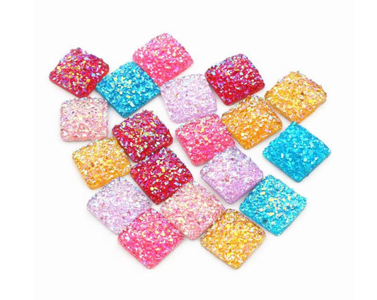 CA914 - 10 pcs Druzy Resin Embellishment Cabochons Multicolor AB - 12mm - Assortment - Square - Dome Style